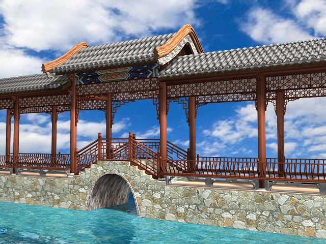 Chinese waterside pavilion with bridge 3d model download — 3D model download