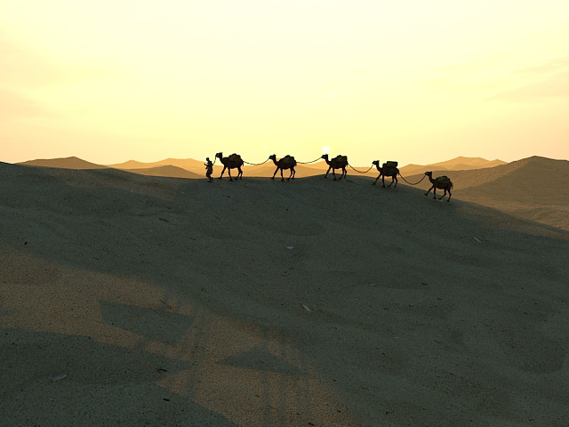 Camel Caravan In Desert Sunset 3d model download — 3D model download