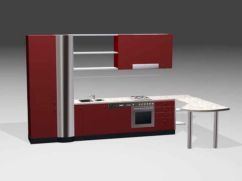 Modern Red Kitchen Design 3d model download — 3D model download