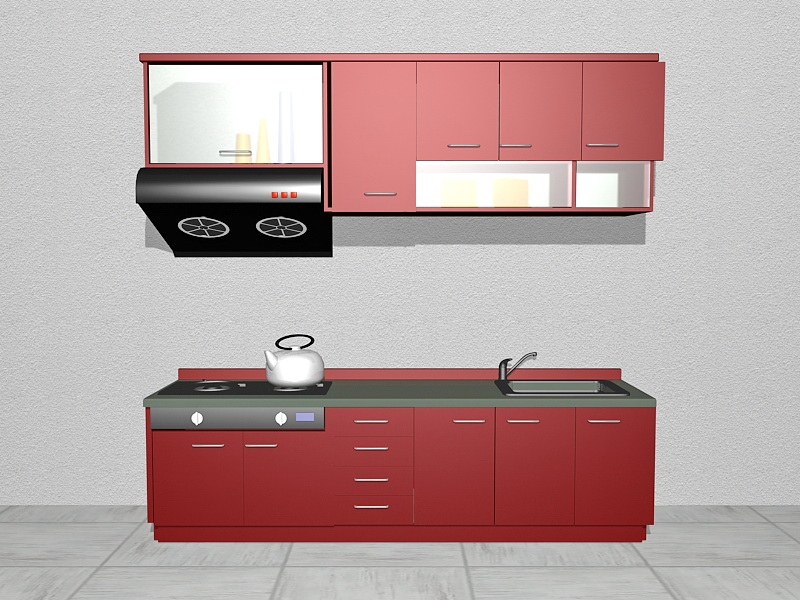 Small Apartment Red Kitchen Design 3d model download — 3D model download